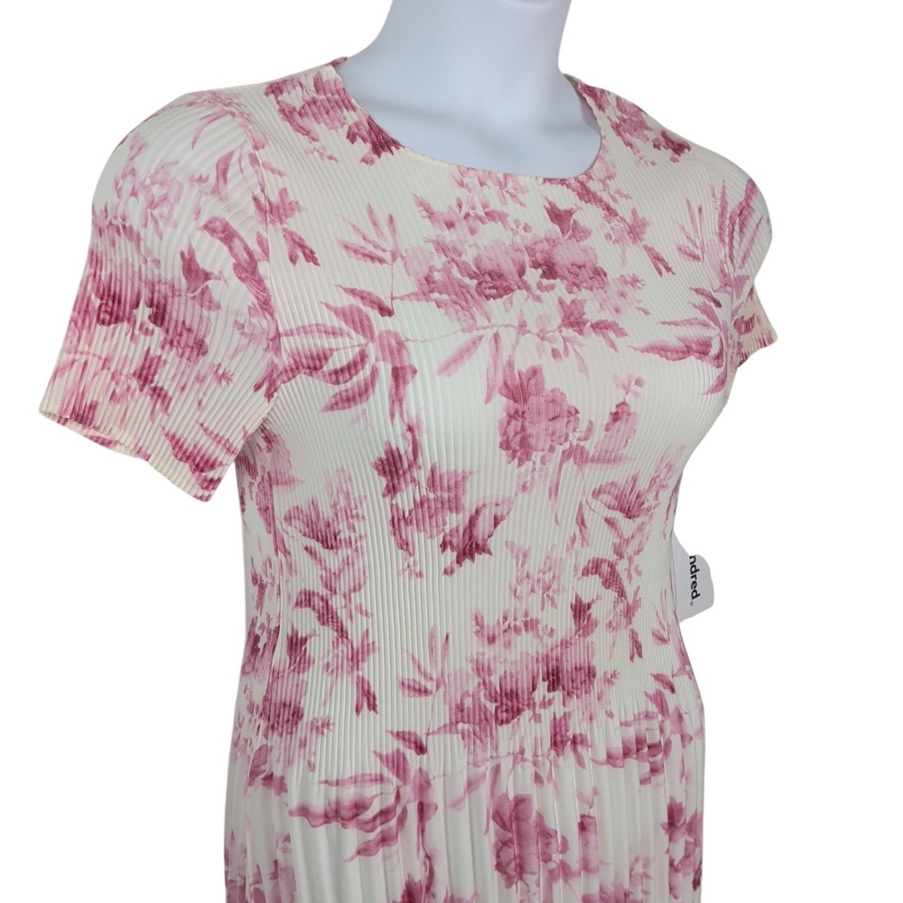 Pink Floral Pleated Plisse Midi Dress Short Sleeve Cream Ruffled Garden Party